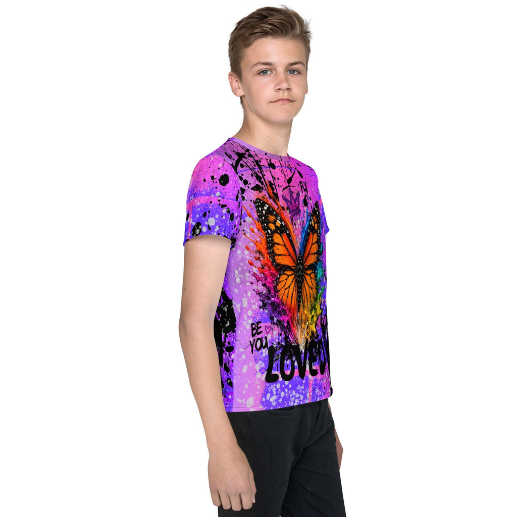 The Lavender Store- butterfly Youth T-Shirt - Lavender On My Mind, Unisex T-shirt, with Rainbow Butterfly in Pink