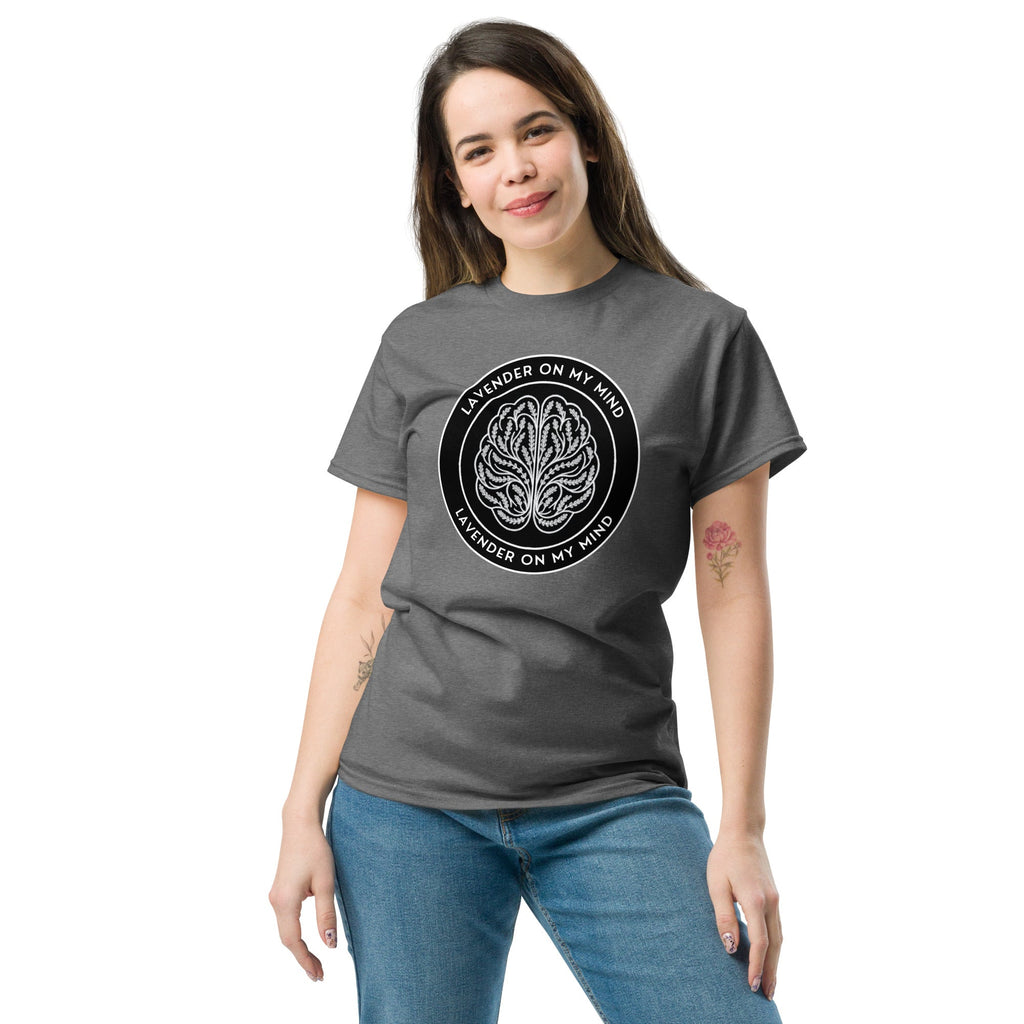 Black Logo Adult T-Shirt Gray - Lavender On My Mind, Unisex, Short Sleeve, black, navy, graphite heather, and turf green.