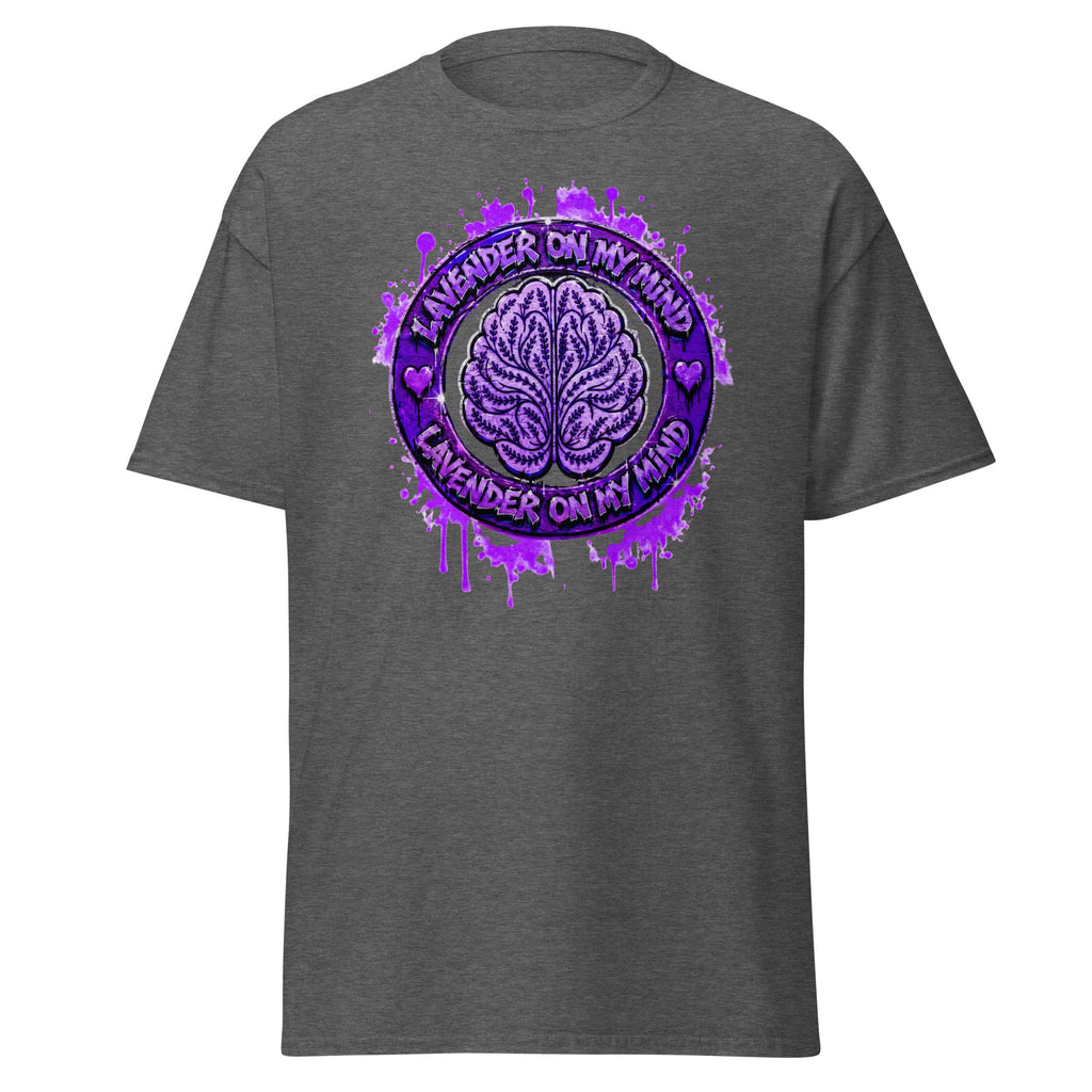 Lavender On My Mind T-Shirt with Graffiti Logo - The Lavender Store Dark Heather Adult Lavender On My Mind logo
